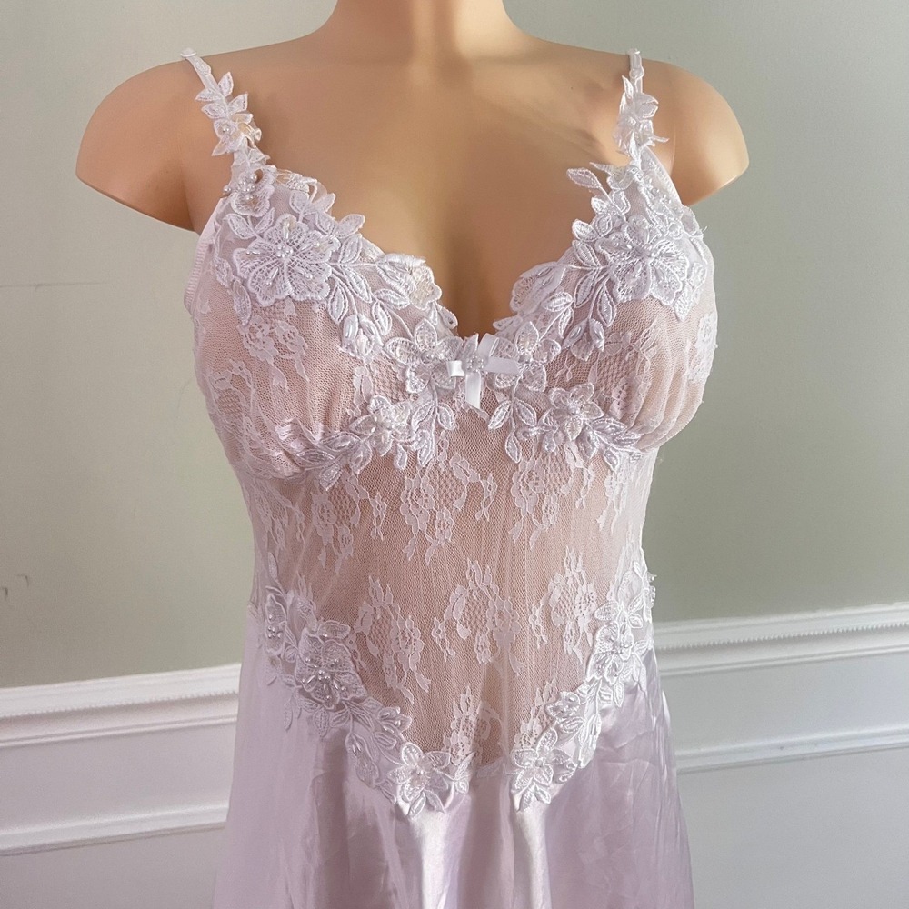 In Bloom by Jonquil Nightgown‎ Sz L possible M Lace Satin Maxi White Bridal